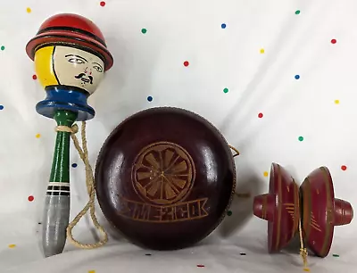 Vintage Mexico Wooden Hand Carved Yo-Yo Lot Of 2 & Dexterity Toy ST2 • $27