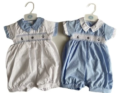 £11.99 • Buy Baby Boy Spanish Style Romper Suit Smocked Nautical Theme White Blue 0-3-6-9 M