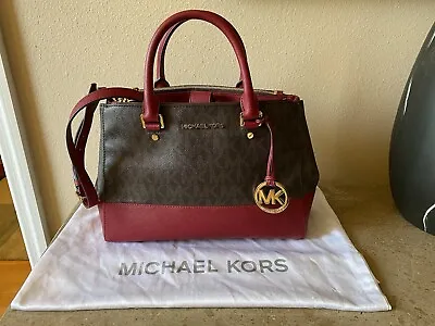 Michael Kors Sutton Medium Signature Satchel Brown And Maroon • $59