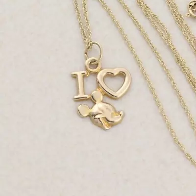 14k Yellow Gold I Love Mickey Mouse Necklace 18  Chain  Disney • $310.25