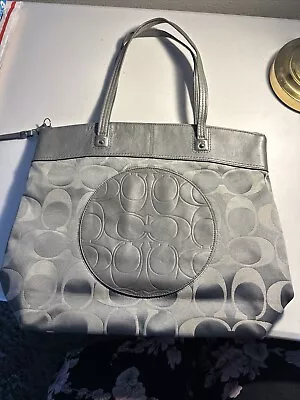 COACH Laura Circle Tote In Gray Leather  And Canvas 16”X13”X4”. Some Ink Marks • $65