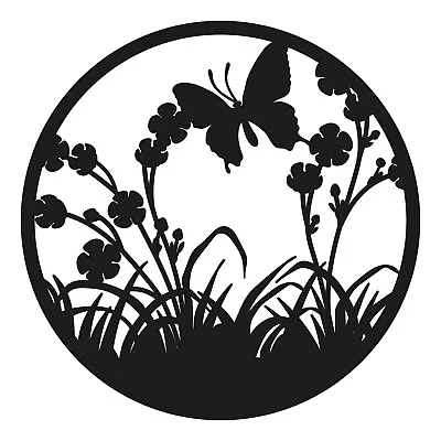 Round Black Metal Floral Silhouette Scene Flowers Butterfly Garden Wall Art Gift • £19.99