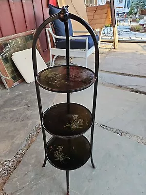 Edwardian Mahogany Three-Tiered Inlaid Muffin Stand 36x10  Signed PC Tole Flower • $225