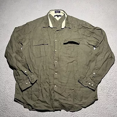 Tommy Hilfiger Linen Shirt Mens XL Green Pockets Military Safari Utility Logo • $24.99