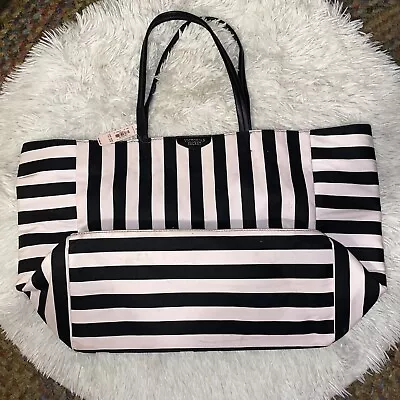 Victoria's Secret Pink Black Striped Large Weekender Shoulder Tote Bag Carry All • $51.27