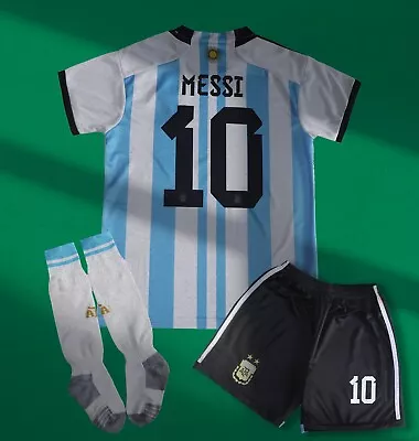 Argentina Kids Home Soccer Jersey #10 Messi Shorts & Socks Kit Set Youth Sizes • $34.99