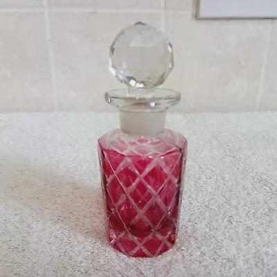 Vintage Rose Coloured Scent Bottle With Clear Cut Glass Stopper • £6.99