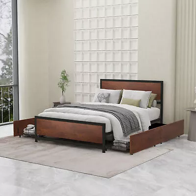 Metal Platform Bed With Headboard & 4 Drawers No Box Spring Needed Noise Free • $343.88