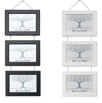 Triple Photo Picture Frame Wall Hanging With Metal Chrome Chain Black Or White • £12.95