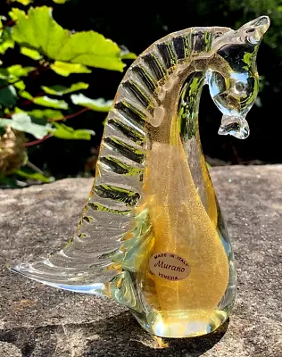 Vintage Murano Venezia Studio Glass Cased Gold Fleck Leaf Horse Head Figure • £49.99