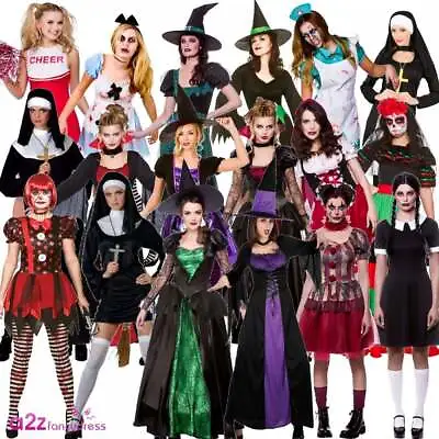 Ladies Halloween Costumes Clown Nun Schoolgirl Vampire Witch Zombie Fancy Dress • £16.99