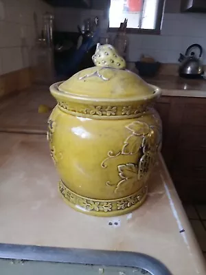 Vintage Cookie Jar Yellow With Strawberries And Blue Jay Made In Japan • $0.99