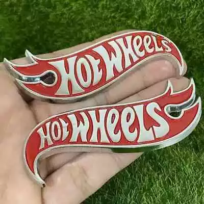 2x 3D Metal Red Silver Hot Wheels Fender Lid Hood Badge Hotwheels Decal Emblem • $5.90