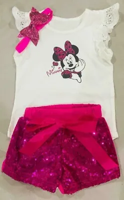 Minnie Mouse First Birthday Outfit Baby Girl 3 Pcs Cake Smash Romper Shorts • $49.99