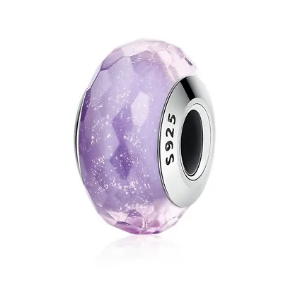 💖 Purple Glitter Murano Glass Charm Bead Genuine 925 Sterling Silver 💖 • £18.95