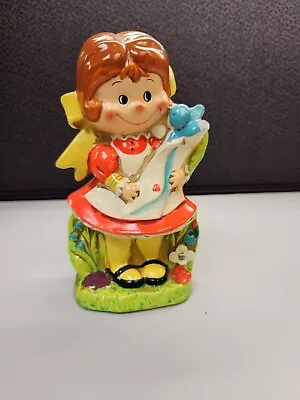 Vintage Coin Bank Chalkware Girl  Dress Bird Japan Neon Bright Orange • $9.99