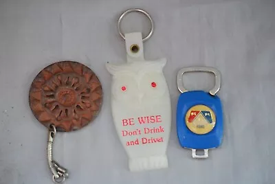 Three Vintage Key Fobs: Round Leather Wise Owl And Ford Push Clip W/Crest Logo • $12.80