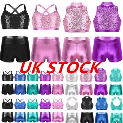 UK Kids Girls Dance Outfits Shiny Sequins Crop Top + Shorts Sets Dancing Costume • £9.85