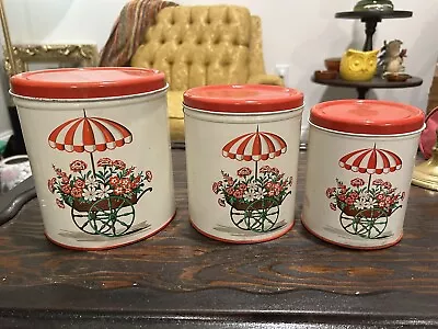 3 Vintage Nesting Decoware Tin Kitchen Storage Canisters Flower Cart Umbrella • $55