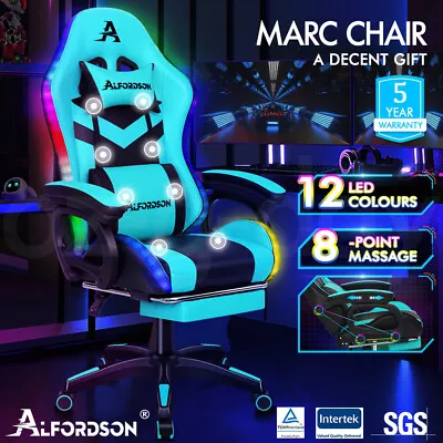 $209.95 • Buy ALFORDSON Gaming Office Chair 12 RGB LED Massage Computer Seat Footrest Cyan