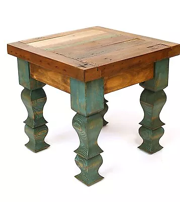 Rustic End Table-Turquoise-Mexican-18x18x17-Furniture-Primitive-Old Door-Antique • $249.97