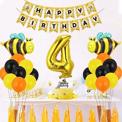 4th Birthday Bumble Bee Party Birthday Decorations Banner Balloons Cake Topper • £7.99