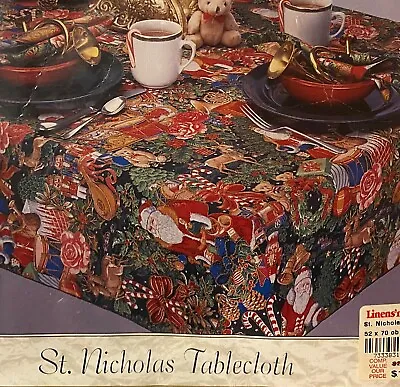 Vintage Christmas Tablecloth St Nicholas Santa Claus Candy Canes Oblong 52 X 70 • $34.99