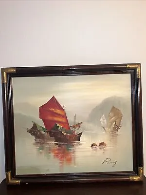 P. WONG Signed Vintage Oil Painting On Canvas ASIAN Boats/ Ships • $149.99