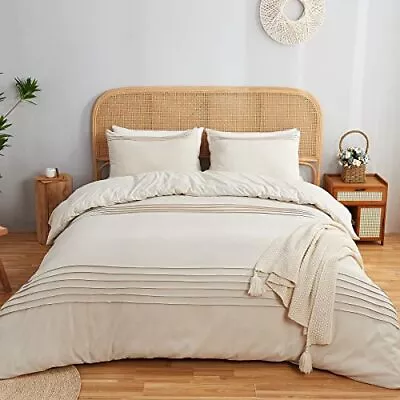 Beige Duvet Cover Queen Size Pleated Duvet Cover Set Soft Microfiber With 2 P... • $49.98