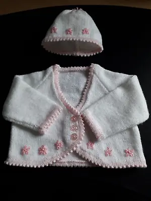 Hand Knitted Baby Clothes Girls Matinee Jacket & Hat 0/3months *Charity Auction* • £15