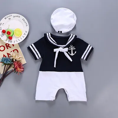 Cosplay Printed Suit Jumpsuit Hat Clothing Nautical Outfit Baby Sailor Costume • £9.49