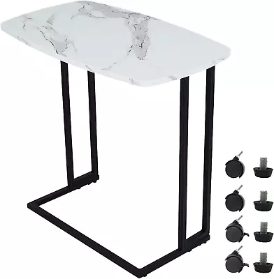 C Shaped End Table TV Trays With Detachable Wheels White Marble Texture Side Ta • $105.99