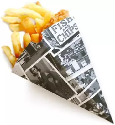 CHIP Shop CONE Disposable Takeaway Thick Paper Card Newsprint Food Newspaper • £6.99