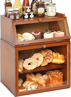 3-Tier Large Double Separable Bamboo Bread Box Storage With Clear Window And Adj • $65.99