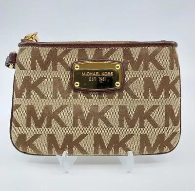 Michael Kors Brown Beige Signature Logo Canvas Leather Jet Set Wristlet Wallet • $35.10