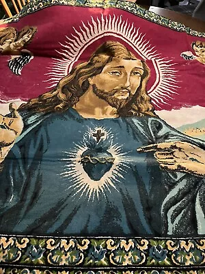 Vintage Tapestry Carpet Jesus Angels Wall Hanging 38” X 55” • $28