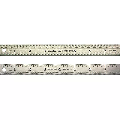 8 Inch Ruler Stainless Steel 1/50 Mm 1/16 1/32 With Hanging Hole Made In USA • $6.50