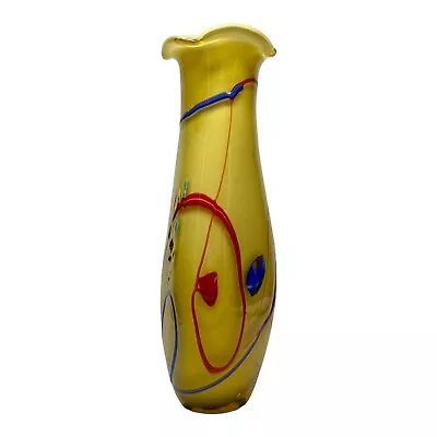 VIZ GLASS Studio Art Yellow Hand Blown Vase W/ Multicolor Abstract Details 10.5  • $59.20