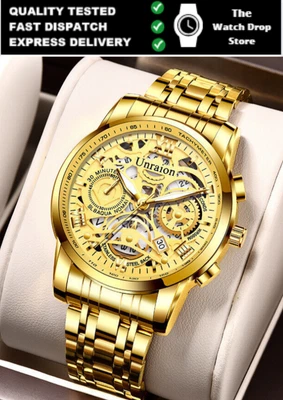 £11.95 • Buy UNRAION Men's Stainless Steel Businese Watches Luxury Skeleton Quartz Wristwatch