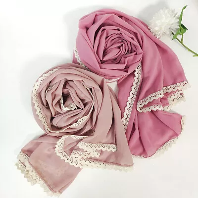 Women Muslim Chiffon Scarves Lace Edged Decor Shawls Wraps Plain Color Headscarf • £10.76