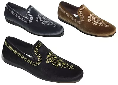 Mens Black Stitched Velvet Shoes Loafers Slip On Pattern Round Toe UK Sizes 6-12 • £21.99