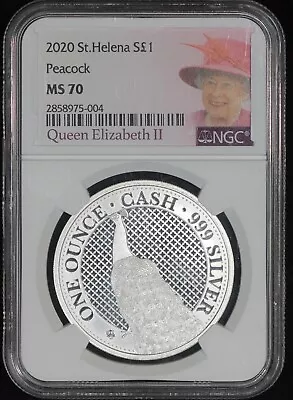 2020 St. Helena Silver 1 Pound - Peacock - NGC MS-70                TQ2098/RNQLL • $179.99