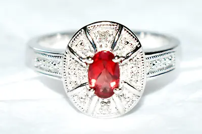 Mexican Fire Opal Ring 9ct White Gold Cherry Fire Opal Art Deco Cluster Ring N/7 • £210
