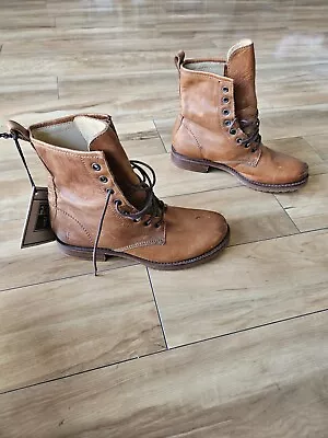 FRYE Veronica Combat Brown Leather Laced Granny Riding Biker Boots Womens Sz 7.5 • $75