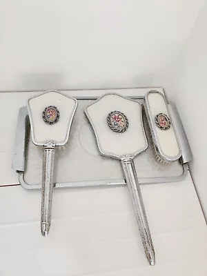 £49.99 • Buy VINTAGE Silver Color Dressing Table Vanity TRAY & HAIR BRUSH Set  Cross Stitch 