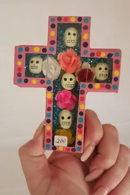 Mexican Diorama Box Cross Pink Polka Dots Skulls Dia De Muertos • $16.99