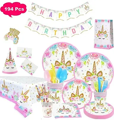 $39.95 • Buy Unicorn Birthday Party Decoration Supplies Set & Tableware Kit 194pcs -Serves 16