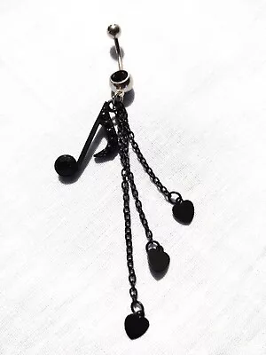 BLACK MUSIC NOTE With CRYSTALS And 3 CHAINS TINY GUITAR PICKS 14g CZ BELLY RING • $11.99