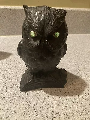 Vintage Handcrafted COAL Black Owl With Green Jeweled Eyes 6  Tall • $16