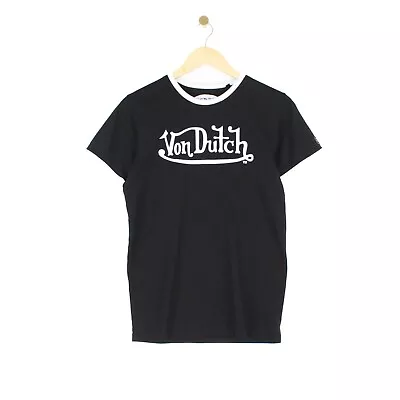 Von Dutch Top Black Short Sleeve Spell Out Logo Graphics Print Tee Womens Size S • $24.88